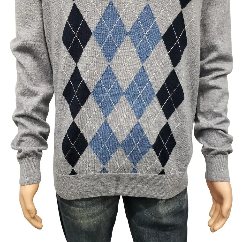 Banana Republic 100% Merino Wool Sweater Men L Argyle Diamond V Neck Gray Blue